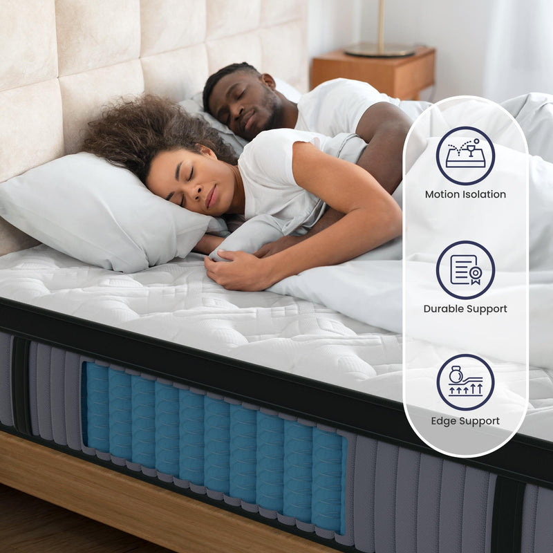 14" King Hybrid Mattress, Memory Foam & Pocket Spring Bed, Cooling, Pressure Relief, Back & Hip Support - Gray / White - R&R Furniture Gallery (Fountain Valley, CA)