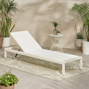 Noble House outdoor patio chaise lounge with five reclining positions, featuring a sturdy frame and comfortable cushioned seat.