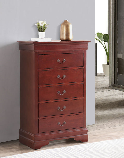 Louis Phillipe accent chest by Glory Furniture featuring a wooden finish, decorative handles, and elegant storage drawers.