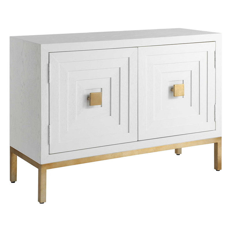 Uttermost Aiken accent cabinet with a sleek wooden finish and modern design, featuring clean lines and minimalist style.