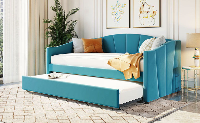 DreamHaus upholstered daybed sofa bed with trundle and wooden slats, showcasing plush fabric and sturdy frame for versatile sleeping options.