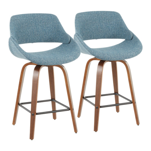 Lumi Source Fabrico mid-century modern counter stool set with walnut wood frames and blue upholstered seats, two stools side by side.