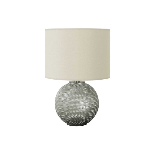 Modern gray and cream table lamp by 8th Street, featuring a sleek design with a fabric shade and contemporary style.