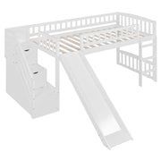 DreamHaus loft stairway bed with two drawers, convertible ladder, and slide, featuring a modern design for versatile bedroom use.