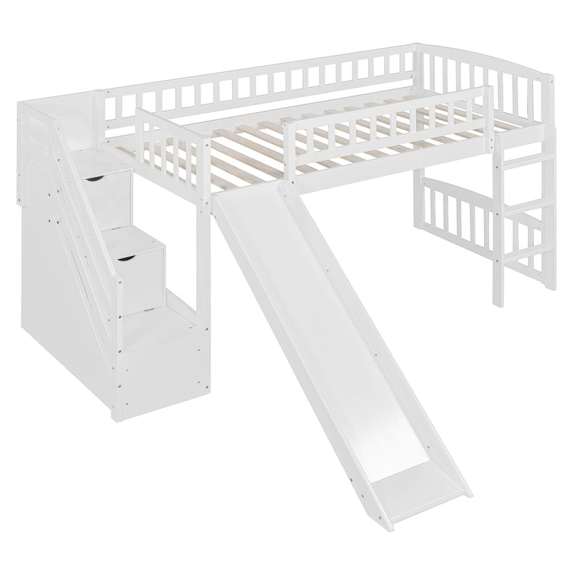 DreamHaus loft stairway bed with two drawers, convertible ladder, and slide, featuring a modern design for versatile bedroom use.