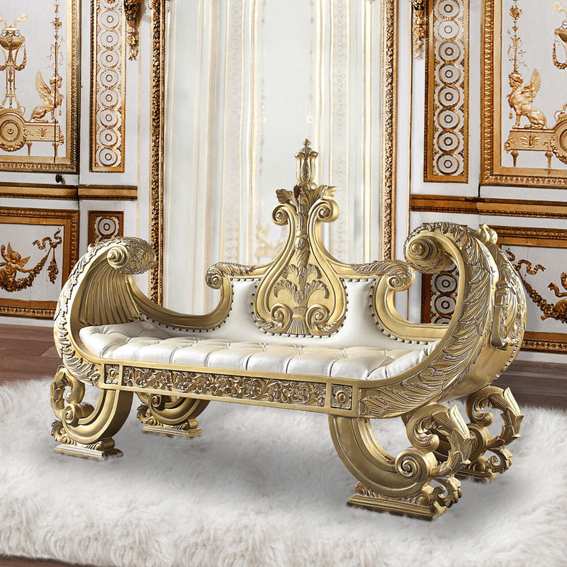 Bernadette - Bench - White Synthetic Leather Fabric & Gold - R&R Furniture Gallery (Fountain Valley, CA)