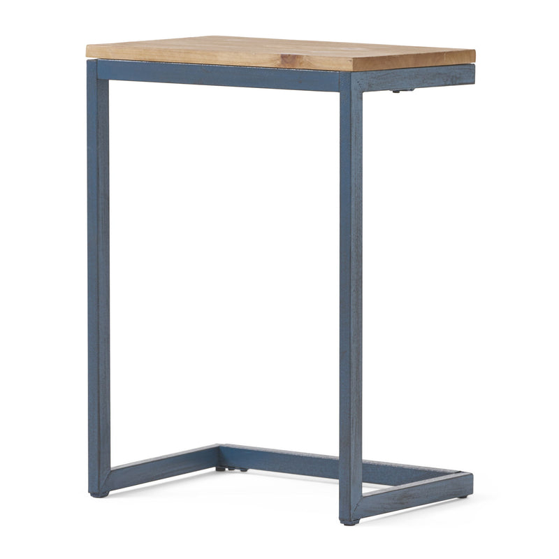 Noble House C-shaped end table with iron base and fir wood top, ideal as a chair side table for living rooms or bedrooms.