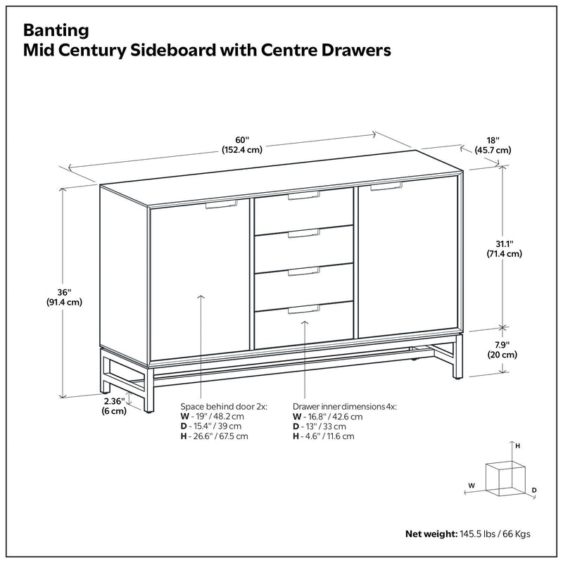 Simpli-Home Banting sideboard with centre drawers, modern industrial storage cabinet in oak or walnut finish.