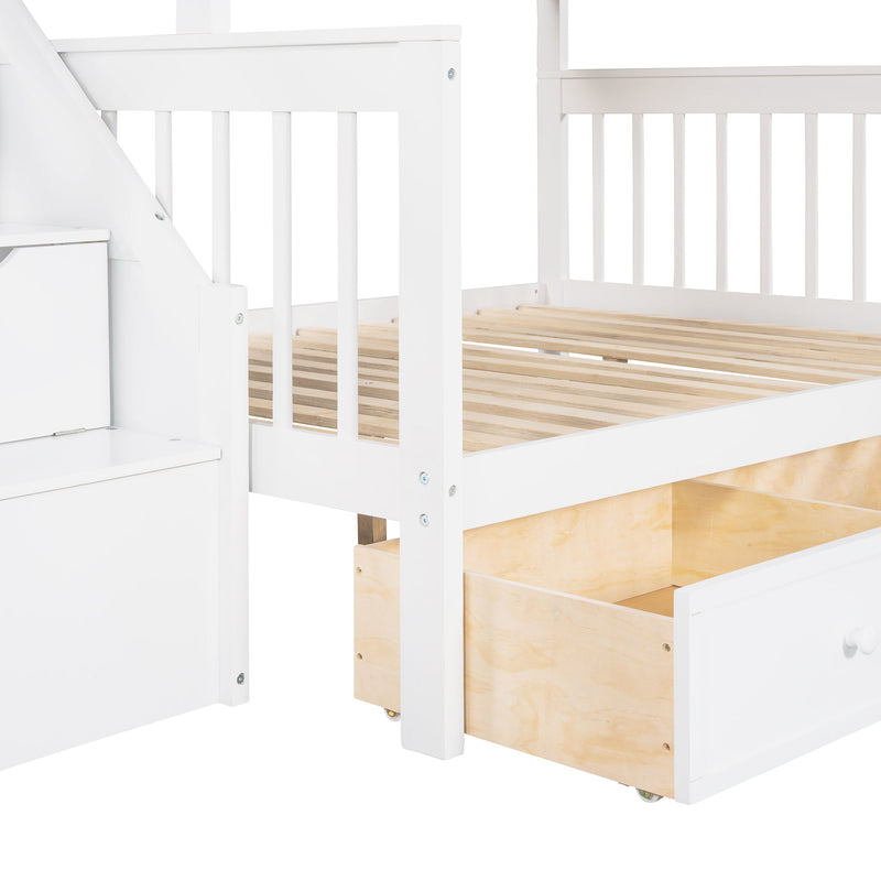 Solid L Shaped Bunk Bed With 3 Drawers, Ladder And Staircase - R&R Furniture Gallery (Fountain Valley, CA)