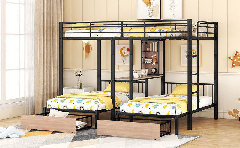 Triple Bunk Bed With Drawers, Multi-Functional Frame With Desks And Shelves In The Middle - R&R Furniture Gallery (Fountain Valley, CA)