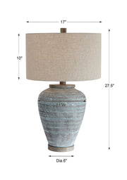Uttermost Pelia table lamp in light aqua with a sleek ceramic base and fabric shade, ideal for modern home decor.