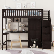 DreamHaus loft bed with integrated bookshelf, drawers, desk, and wardrobe for space-saving bedroom organization.