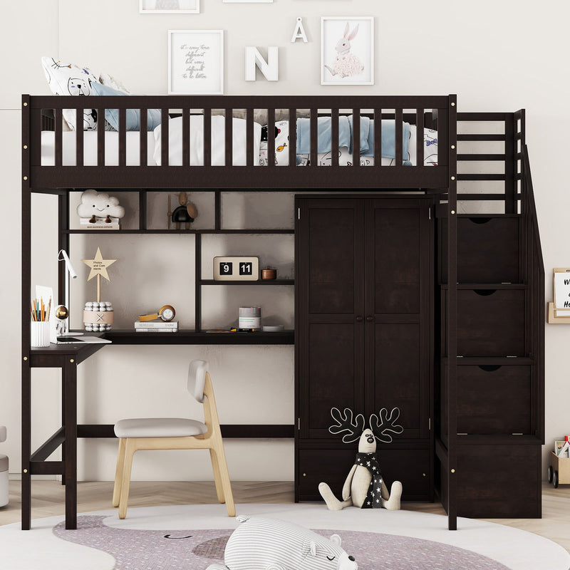 DreamHaus loft bed with integrated bookshelf, drawers, desk, and wardrobe for space-saving bedroom organization.