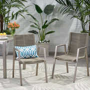 Noble House outdoor modern aluminum dining chair set with rope sea design, set of 2, featuring sleek frames and woven rope accents.