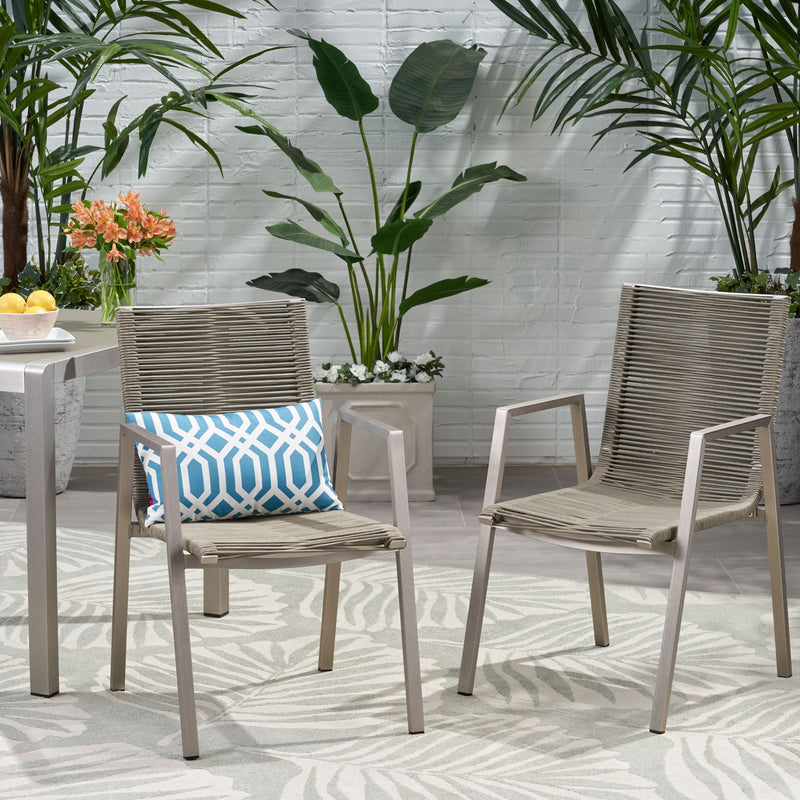 Noble House outdoor modern aluminum dining chair set with rope sea design, set of 2, featuring sleek frames and woven rope accents.