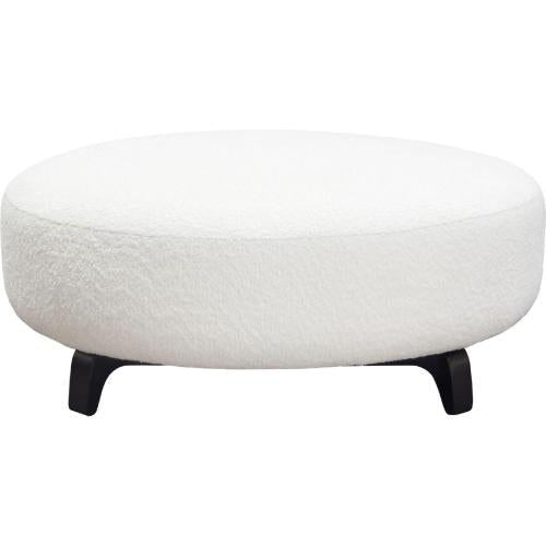 Vesper Round Ottoman in Faux White Shearling w/ Black Wood Leg Base