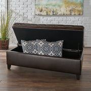 Noble House Juliana storage ottoman with beige fabric and birch wood legs, showing its cushioned top and open storage compartment.