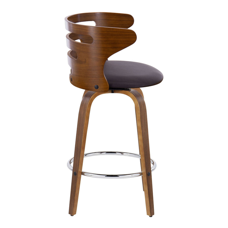 Lumi Source Cosini mid-century modern fixed height barstool set with swivel and round footrest, shown in natural wood finish.