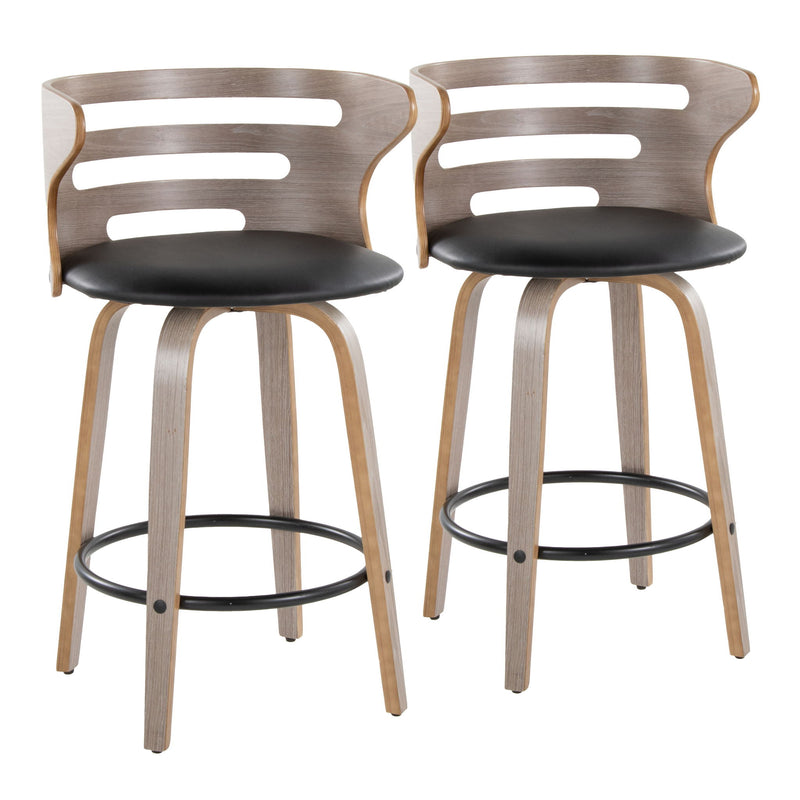 Lumi Source Cosini mid-century modern fixed height barstools with swivel and round footrest, set of 2, featuring sleek design and wooden finish.