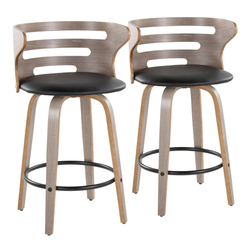 Lumi Source Cosini mid-century modern fixed height barstools with swivel and round footrest, set of 2, featuring sleek design and wooden finish.