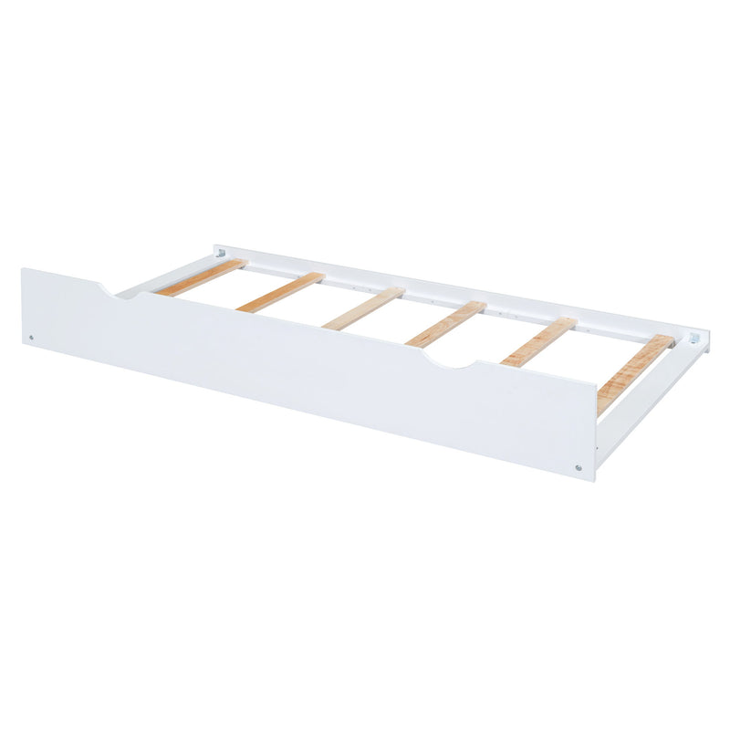 DreamHaus house bed with twin size trundle and daybed, featuring a cozy wooden frame and playful design for kids' bedroom.