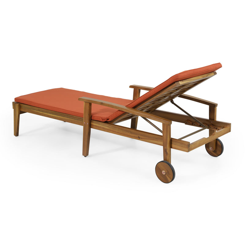 Noble House Jason chaise lounge with adjustable backrest in acacia wood for outdoor patio relaxation.