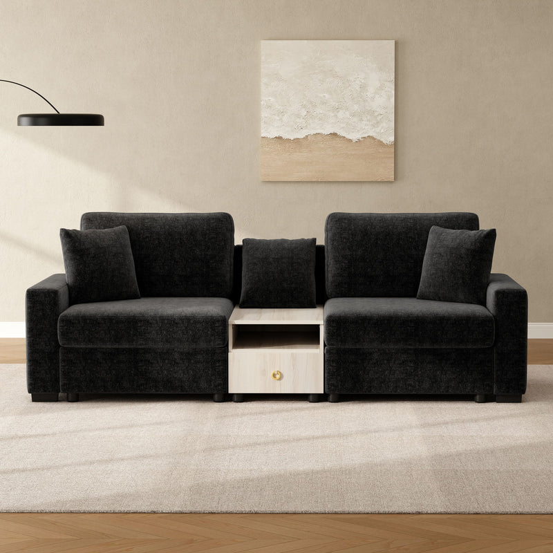 Noble House modular stationary sofa with storage armrest and center console, featuring plush cushions and modern design.