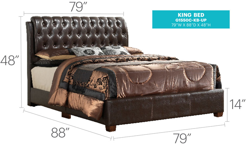 Dark brown upholstered King bed named Marilla by Glory Furniture, featuring plush fabric and a sturdy frame for a stylish bedroom centerpiece.