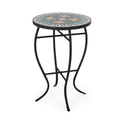 Black outdoor side table with mosaic tile top, made by Noble House, featuring a sturdy design for patio or garden use.