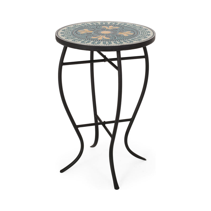 Black outdoor side table with mosaic tile top, made by Noble House, featuring a sturdy design for patio or garden use.