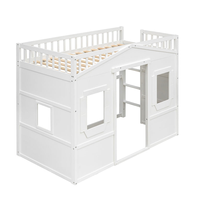DreamHaus house loft bed with ladder, featuring a cozy wooden frame and built-in stairs for easy access.