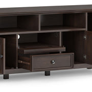 Simpli-Home Amherst wide TV media stand with open shelves and storage cabinets, made of wood with a modern design.