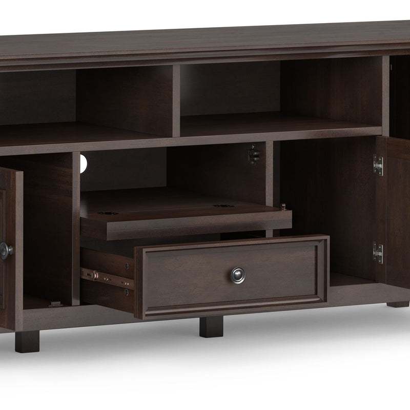 Simpli-Home Amherst wide TV media stand with open shelves and storage cabinets, made of wood with a modern design.
