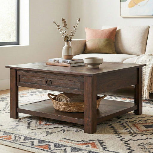 Simpli-Home Monroe handcrafted side table, modern coffee table with wooden finish and clean design, ideal for living room decor.