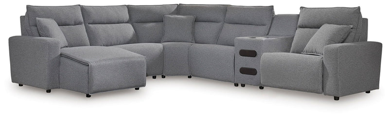 Signature Design by Ashley Modmax II reclining sectional in Salt and Pepper fabric, featuring plush cushions and reclining seats.