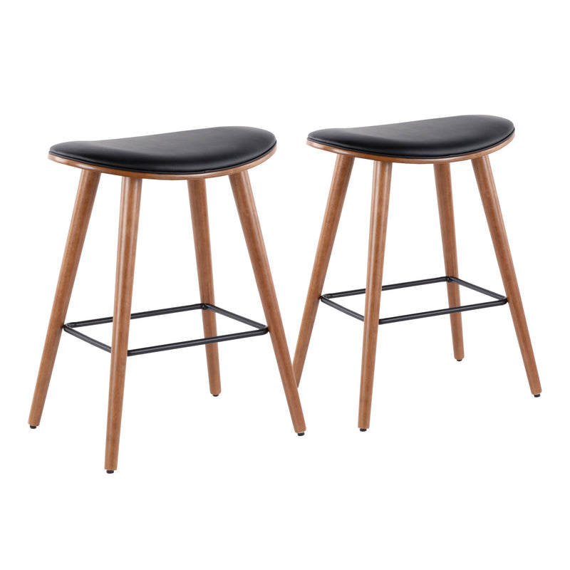 Set of two Lumi Source contemporary saddle counter stools with sleek, modern design and upholstered seats for kitchen or bar area.