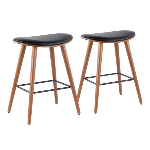 Set of two Lumi Source contemporary saddle counter stools with sleek, modern design and upholstered seats for kitchen or bar area.