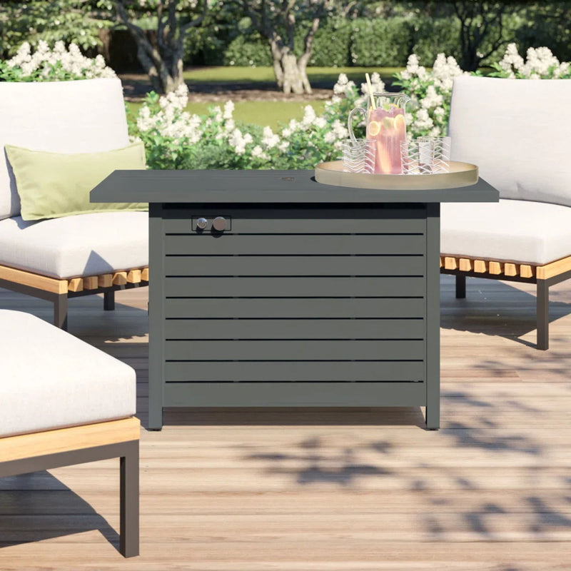 LSI Patio Furniture outdoor fire pit table with lid, showcasing versatile fuel options and durable design for outdoor heating.
