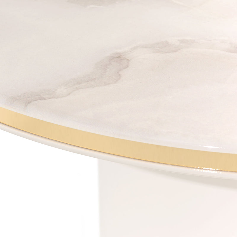 Michael Amini Gineverra round cocktail table with ivory and gold finish, showcasing elegant design and smooth surface.