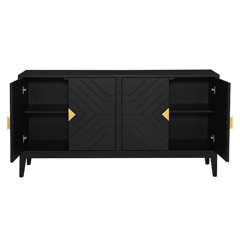 4 Door Sideboard Storage Cabinet For Living Room And Dining Room, 2 Large Cabinets With Gold Handles And Adjustable Shelf - Black - R&R Furniture Gallery (Fountain Valley, CA)