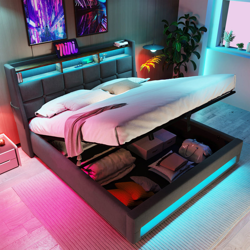 Artistry At Home upholstered platform storage bed with hydraulic lift, LED lighting, and USB charging ports, without mattress.