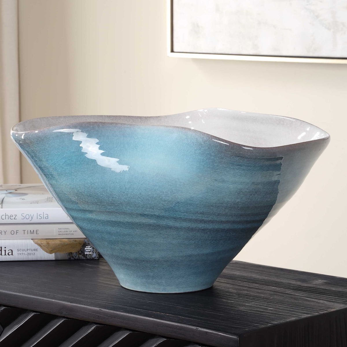 Blue Crest ceramic bowl by Uttermost, showcasing a smooth blue glazed finish and rounded shape, perfect for serving.