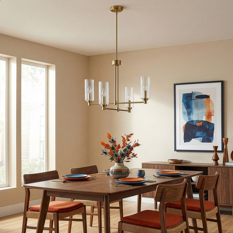 Enigma - 4 Lights Chandelier With Clear Ribbed Satin - Antique Brass / Clear / Gold - R&R Furniture Gallery (Fountain Valley, CA)