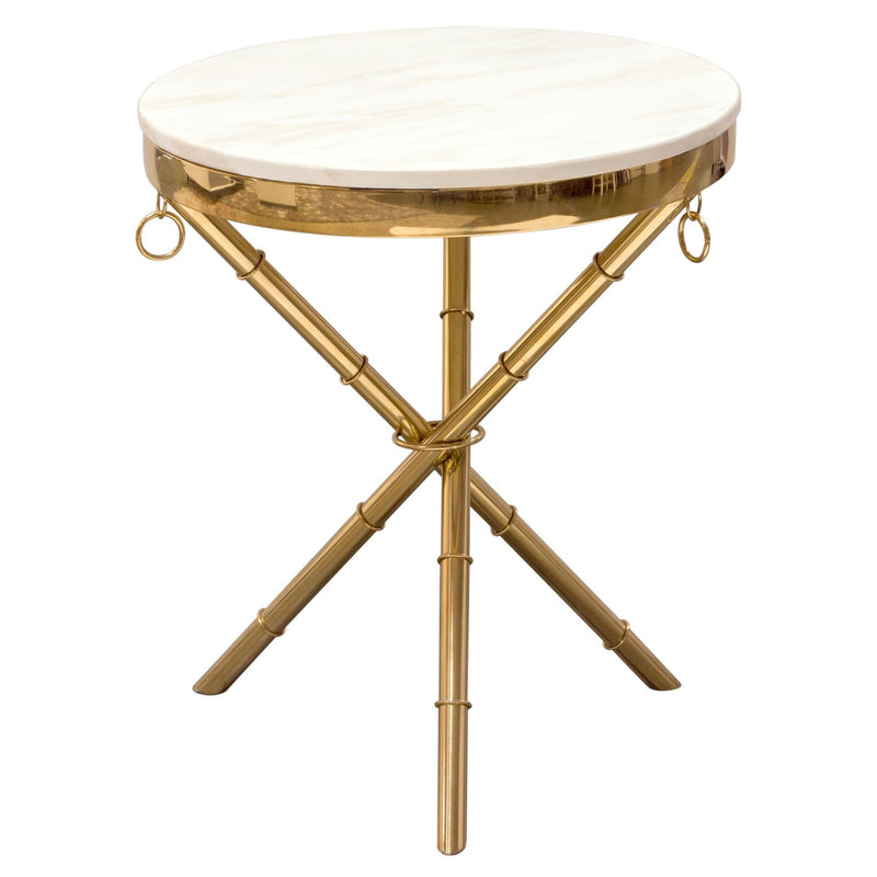Reed Round Accent Table with White Marble Top and Gold Finished Metal Base by Diamond Sofa