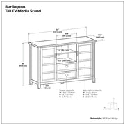 Simpli-Home Burlington handcrafted tall TV media stand with wood finish and open shelves for media devices and decor.