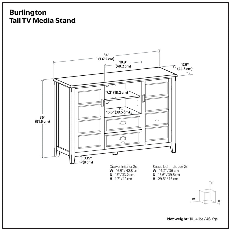 Simpli-Home Burlington handcrafted tall TV media stand with wood finish and open shelves for media devices and decor.