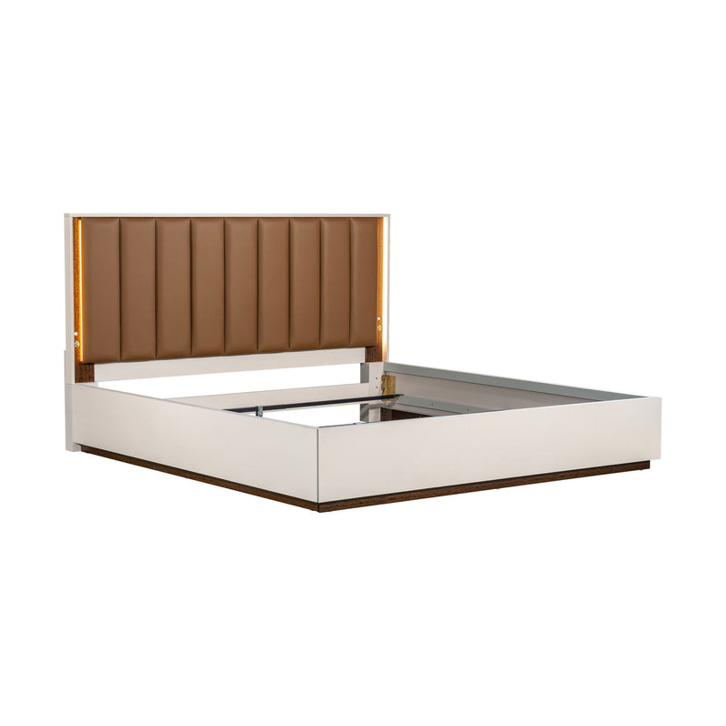Michael Amini Pavira upholstered bed with built-in LED lights, showcasing a modern design and plush fabric headboard.