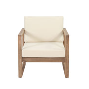 Noble House 4-piece acacia wood outdoor patio furniture set with coffee table, deep seating porch chairs, and beige cushions.