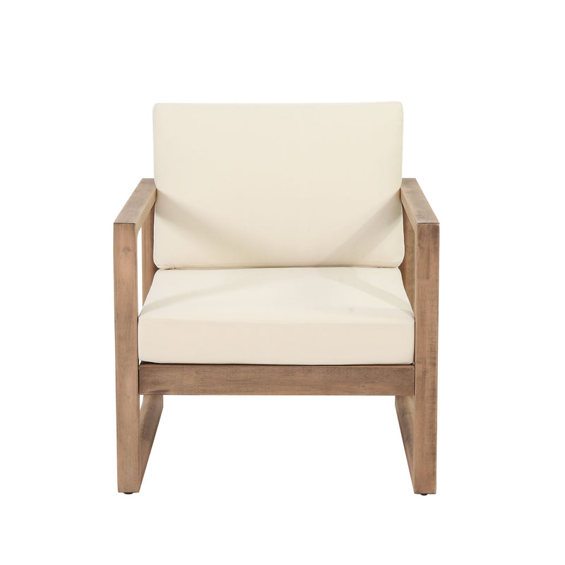 Noble House 4-piece acacia wood outdoor patio furniture set with coffee table, deep seating porch chairs, and beige cushions.