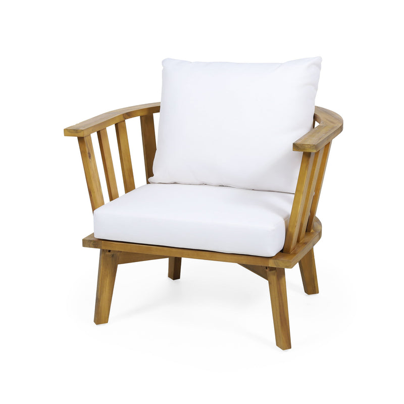 White outdoor arm chair with a curved backrest and frame by Noble House, ideal for patio or garden relaxation.